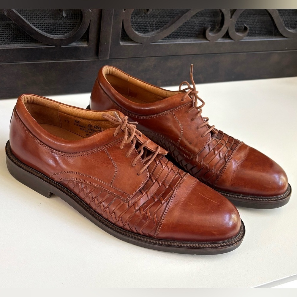 Johnston & Murphy Passport Brown Woven Leather Dress Derby Oxford Shoes 12